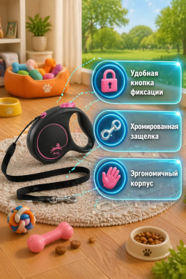 Флекси 56106F Рулетка Black Design S 5м до 12кг (трос) черно-розовая