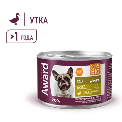 Влажный корм AWARD для взрослых собак паштет из утки с брусникой 200г 