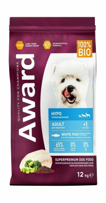 Сухой корм AWARD HYPO для взрослых собак с белой рыбой, брокколи, сельдереем и семянами льна 12кг