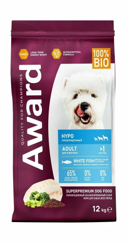 Сухой корм AWARD HYPO для взрослых собак с белой рыбой, брокколи, сельдереем и семянами льна 12кг