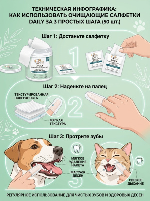 Очищающие салфетки для зубов собак и кошек DAILY, 50шт, MPets 