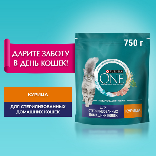 Сухой корм Purina ONE для стерилизованных кошек и котов живущих в домашних условиях с курицей, 750 г