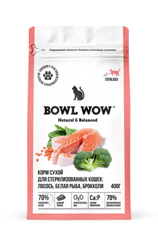Сухой корм BOWL WOW Fresh Meat для стерилизованных кошек с лососем, белой рыбой и брокколи, 400гр