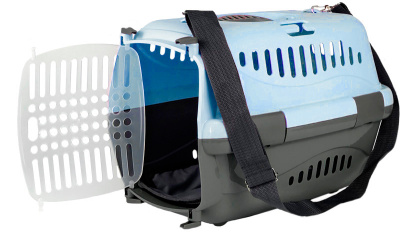 Переноска для животных "Турне" M прозрачной пластиковой дверцей (коврик+ремень) 48*32*32 см голубая
