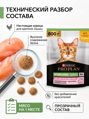 Сухой корм  для стерилизованных кошек с чувст. пищеварением - Курица, 800гр. Pro Plan