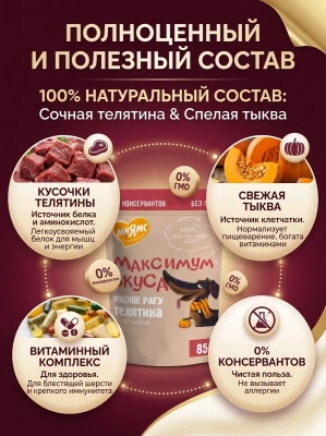 Влажный корм для собак мясное рагу с телятиной и тыквой 85 г. Мнямс Максимум Вкуса