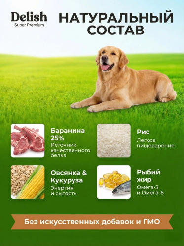 Сухой корм Delish Super Premium для собак средних и крупных пород Баранина с рисом, 2кг