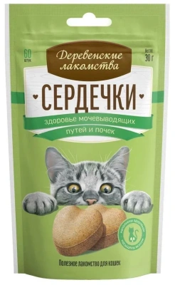 Деревенские лакомства для кошек Сердечки здоровье мочевыводящих путей и почек 30г
