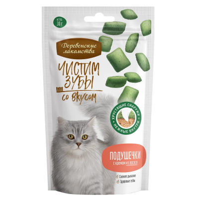 Деревенские лакомства Чистим зубы 30 г подушечки для кошек с кремом из лосося