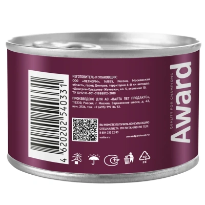 Влажный корм AWARD для взрослых собак паштет из говядины с морковью 200г