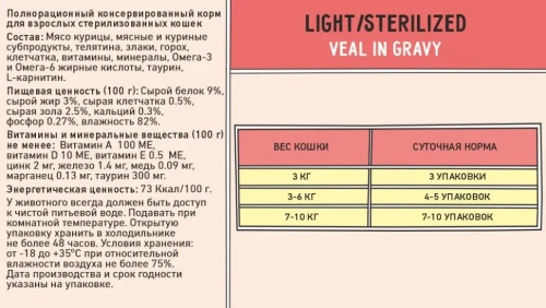 Влажный корм Zillii Sterilized/Light Cat Veal для стерилизованных кошек с телятиной в соусе,  12х85г