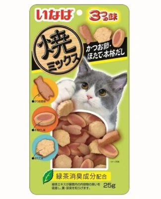 Лакомство INABA CIAO запеченное для кошек Yakimiksu ассорти ,кацуобуси, морск. гребешек и бульон 25г