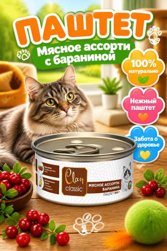 Влажный корм CLAN CLASSIC для котят мясное ассорти с бараниной, паштет 100гр