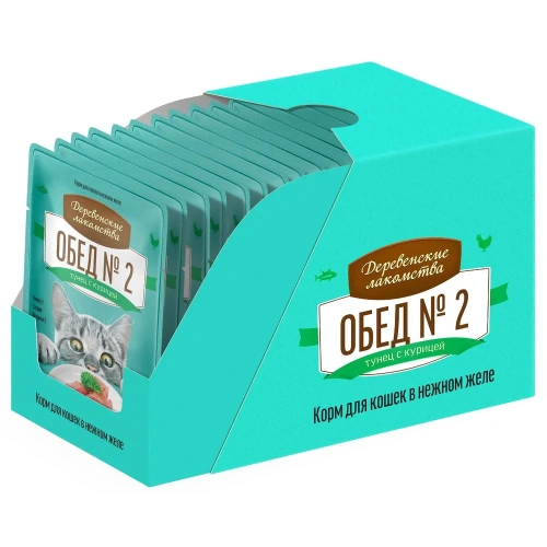 Влажный корм Деревенсие лакомства Обед №2 для кошек тунец с курицей в нежном желе 12*50г.