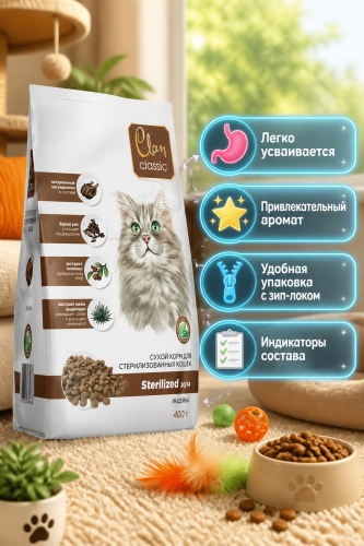 Сухой корм CLAN CLASSIC Sterilized, для стерилизованных кошек, индейка 0,4кг
