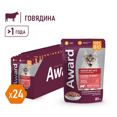 Влажный корм для кошек крупных пород кусочки в соусе с говядиной 85г.,  AWARD Indoor big cats