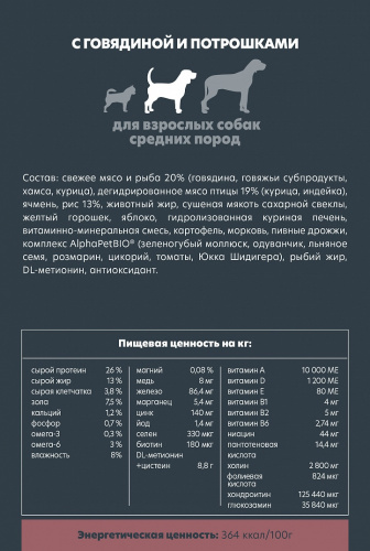 Сухой корм Альфа Пет для взрослых собак средних пород c Говядиной и потрошками 12кг