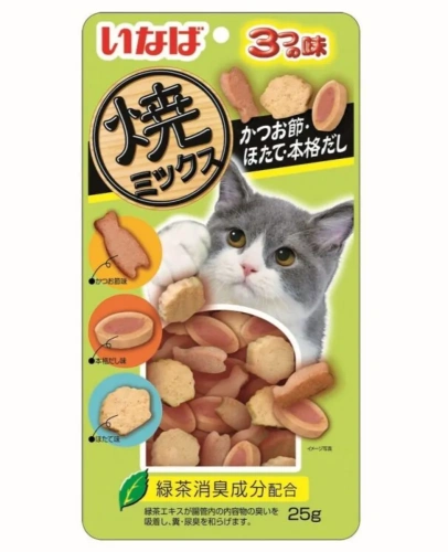 Лакомство INABA CIAO запеченное для кошек Yakimiksu ассорти ,кацуобуси, морск. гребешек и бульон 25г