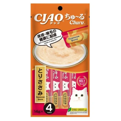 Лакомство-пюре INABA CIAO для кошек  Куриное филе для поддержания здоровья кожи и шерсти,14г. 4шт