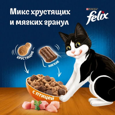 Сухой корм Felix® Двойная Вкуснятина® для взрослых кошек, с птицей, Пакет, 600г