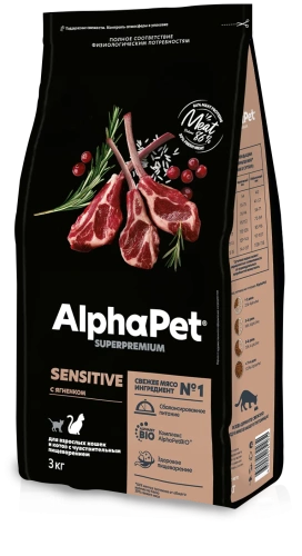 Сухой корм Альфа Пет для взрослых кошек с чувствительным пищеварением с Ягненком 3кг