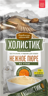 Деревенские лакомства Холистик Премьер 4 шт х10 г пюре для кошек из утки с икрой летучей рыбы
