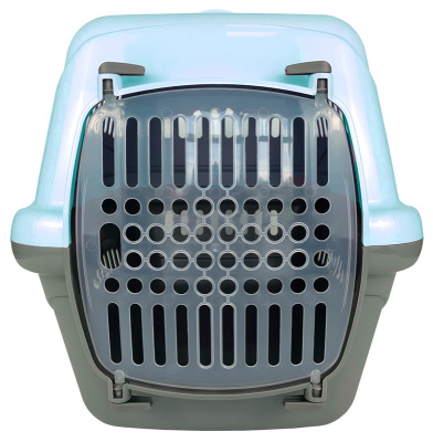 Зооэкспресс, Переноска для животных "Турне" S с прозр.пласт. дверцей (коврик + ремень) голубая