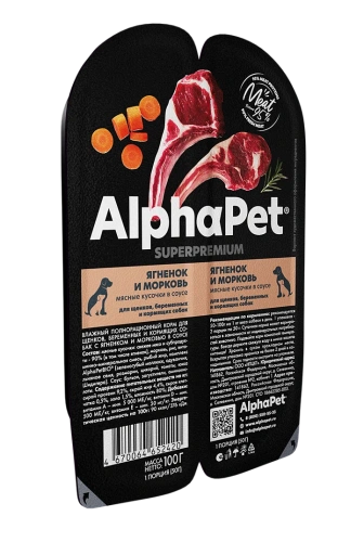 ALPHAPET SUPERPREMIUM   влажный корм для щенков, берем. и корм. собак ягненок и морковь 100гр