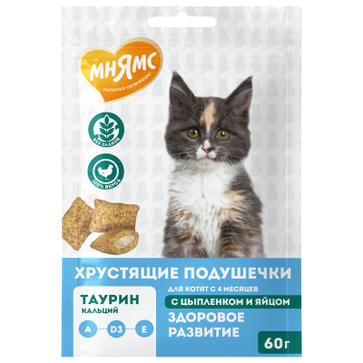 Лакомство Мнямс Хрустящие подушечки для котят с цыпленком и яйцом "Здоровый котенок" 60 г.