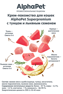 Крем-лакомство Alphapet Superpremium для кошек с тунцом и льняным семенем 4х12 г.