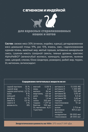 Сухой корм Альфа Пет для стерилизованных кошек и котов с Ягненком и индейкой 1,5кг