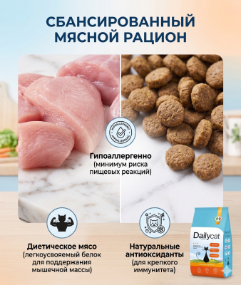 Сухой корм Dailycat для стерилизованных кошек с индейкой и кроликом 1,5 кг