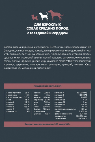 Сухой корм Альфа Пет WOW  для взрослых собак средних пород с Говядиной и сердцем 2кг