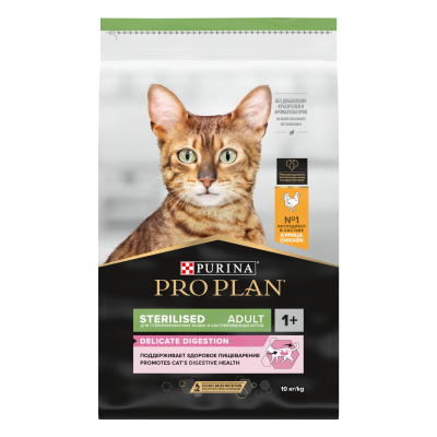 Сухой корм Purina Pro Plan Steril для стерилизованных кошек с чувст. пищеварением - Курица,10кг+2кг