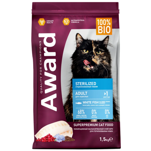 Сухой корм AWARD Sterilized для стерилизованных кошек. Белая рыба, семя льна, клюква и цикорий 1,5кг