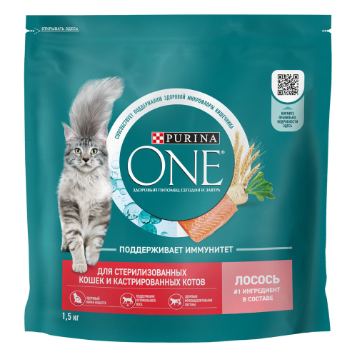 Сухой корм Purina One для стерилизованных кошек и котов, с высоким содержанием лосося, 1,5 кг