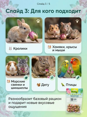 Лакомство Bambini Pets высушенные цветы розы для грызунов и кроликов, 10 г. 