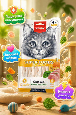  Лакомство для кошек «нежное пюре» из курицы с тыквой и кейлом 70 г Wanpy Cat 