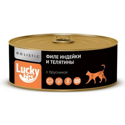 Консервы для кошек Lucky bits филе индейки и телятины с брусникой, 100 г