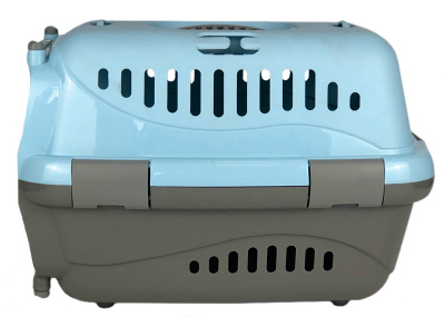 Переноска для животных "Турне" M прозрачной пластиковой дверцей (коврик+ремень) 48*32*32 см голубая