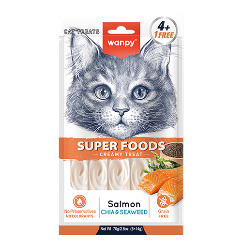 Лакомство для кошек Wanpy Cat, нежное пюре из лосося с семенами чиа и водорослями 70 г 