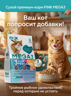Сухой корм для кошек Три вида рыбы, крокет+запеченное+сублимированное мясо, 1,5кг. PINK MEGA 3