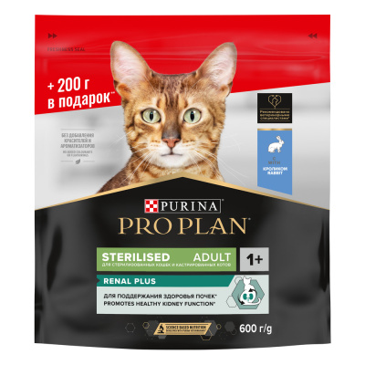 Сухой корм Purina Pro Plan Sterilised RENAL  с высоким содержанием кролика, 400 г + 200 г