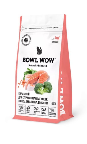 Сухой корм BOWL WOW Fresh Meat для стерилизованных кошек с лососем, белой рыбой и брокколи, 400гр
