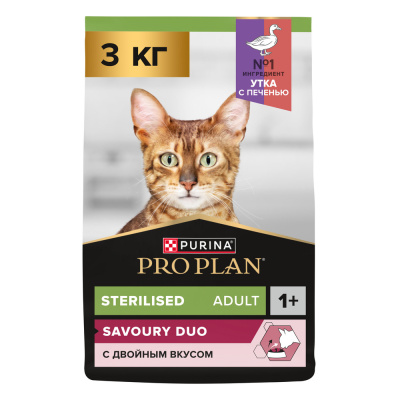 Сухой корм Pro Plan для стерилизованных кошек и котов, с высоким содержанием утки и c печенью 3 кг