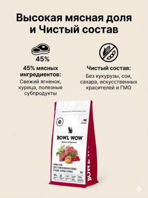 Сухой корм BOWL WOW Fresh Meat корм для стерилизованных кошек с ягненком, курицей и клюквой 8 кг
