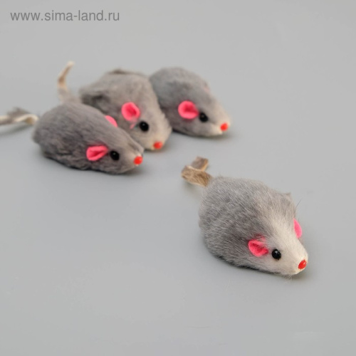 Игрушка Триол для кошек - Мышь, серая с погремушкой, мех натуральный, 5см, 4шт. в упаковке