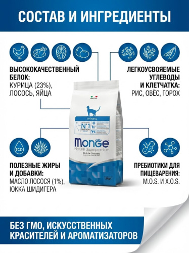 Сухой корм Monge Cat Daily Line Urinary для кошек, для профилактики МКБ, с курицей, 400 г