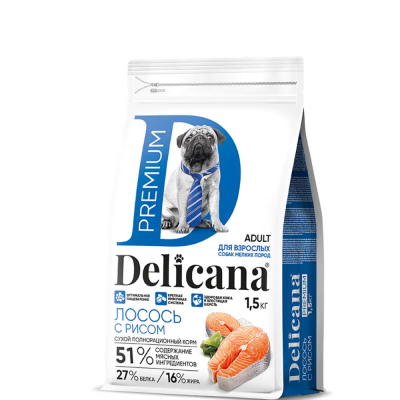 Сухой корм Delicana для собак мелких пород с лососем и рисом 1,5 кг
