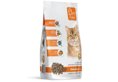 Сухой корм CLAN CLASSIC Delicious для кошек, индейка-белая рыба 0,4кг